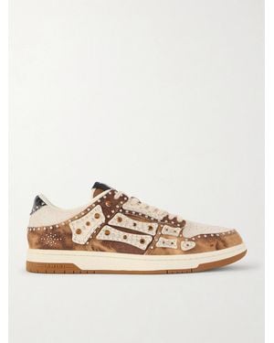 Amiri Skel-top Suede-trimmed Studded Appliquéd Denim Trainers - Natural