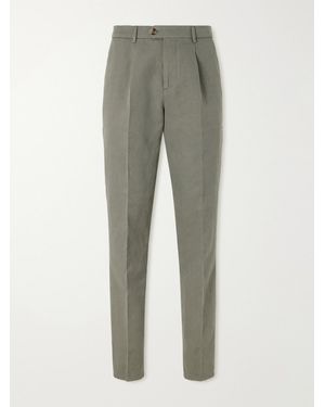 Brunello Cucinelli Straight-Leg Pleated Cotton And Linen-Blend Trousers - Grey