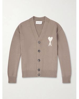 Ami Paris Logo-intarsia Virgin Wool And Cotton-blend Cardigan - Natural