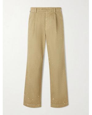AURALEE Wide-leg Pleated Paint-splattered Cotton-twill Chinos - Natural