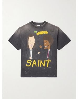 SAINT Mxxxxxx Rapture T-Shirt aus Baumwoll-Jersey mit Print und Farbspritzern in Distressed-Optik - Blau