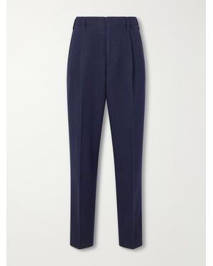 Brunello Cucinelli Tapered Pleated Wool And Cotton-Blend Herringbone Suit Pants - Blue