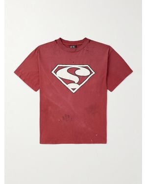 SAINT Mxxxxxx Saint Superman T-Shirt aus Baumwoll-Jersey mit Print und Farbspritzern in Distressed-Optik - Rot