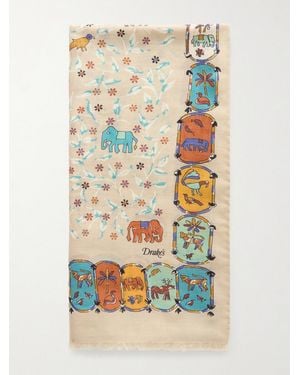 Drake's Frayed Printed Wool And Silk-Blend Scarf - Natural