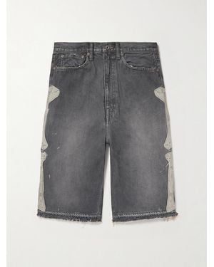 Kapital Wide-Leg Appliquéd Distressed Denim Shorts - Grey