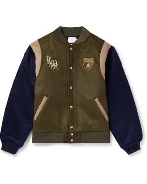 Rhude Lamborghini Embroidered Wool-Blend Flannel Varsity Jacket - Green