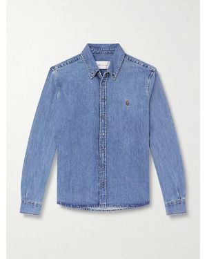 Ami Paris Button-Down Collar Logo-Embroidered Denim Shirt - Blue