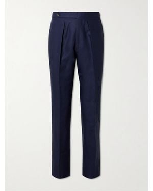 Drake's Straight-Leg Pleated Linen Suit Trousers - Blue