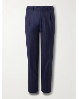 Kiton Straight-Leg Pleated Pinstriped Virgin Wool And Cashmere-Blend Flannel Suit Trousers - Blue