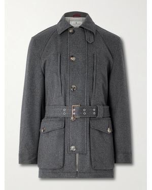 Brunello Cucinelli Cappotto Belted Leather-Trimmed Wool Field Jacket - Grey