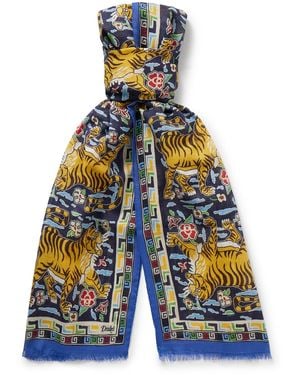 Drake's Frayed Printed Wool And Silk-Blend Scarf - Blue