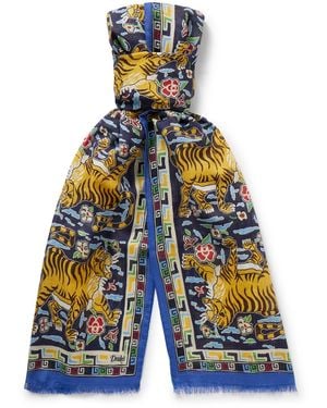 Drake's Frayed Printed Wool And Silk-Blend Scarf - Blue