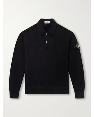 Stone Island Garment-Dyed Tubular Cotton-Fleece Polo Sweater - Blue
