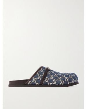 Gucci Rhein Horsebit-Embellished Leather-Trimmed Denim Mules - Blue