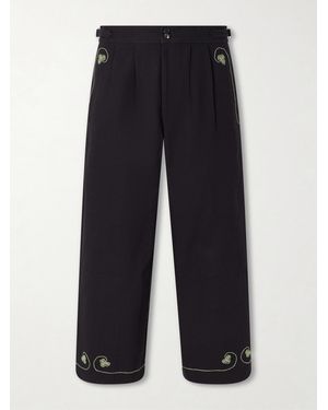 Bode Lucky Draw Straight-leg Pleated Embroidered Cotton-twill Trousers - Blue