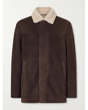 Canali Shearling-Trimmed Suede Jacket - Brown