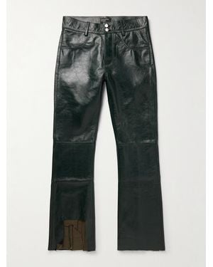 Enfants Riches Deprimes Long Night Slim-Fit Bootcut Distressed Textured-Leather And Ribbed-Knit Trousers - Green