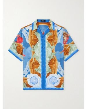 Versace Camp-Collar Printed Silk-Twill Shirt - Blue