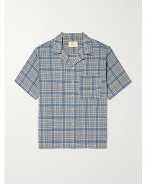 Folk Anniversary Convertible-Collar Checked Cotton-Gauze Shirt - Blue