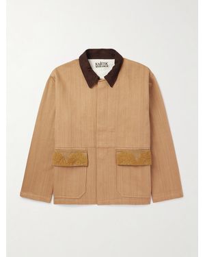 Kartik Research Jodhpur Suede-trimmed Embroidered Herringbone Cotton Jacket - Natural