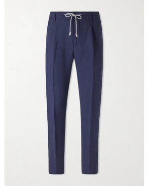 Eleventy Straight-leg Lyocell And Linen-blend Drawstring Trousers - Blue