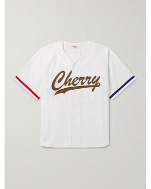 CHERRY LA Logo-appliquéd Striped Cotton-twill Shirt - Grey