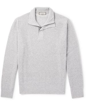 Canali Slim-Fit Suede-Trimmed Ribbed Wool And Cashmere-Blend Half-Zip Sweater - White