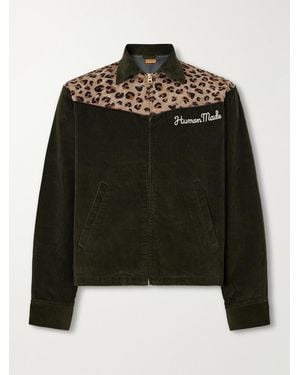 Human Made Logo-Embroidered Leopard-Print Plush-Trimmed Cotton-Corduroy Jacket - Black