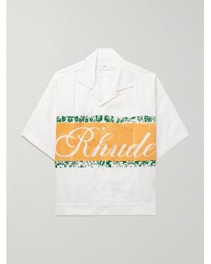 Rhude Convertible-Collar Pleated Logo-Print Linen Shirt - Grey