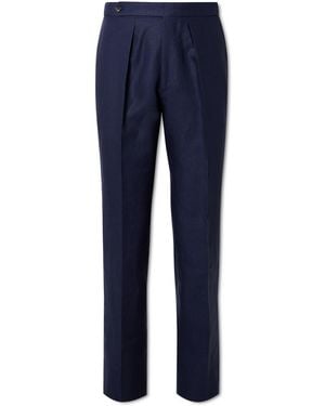 Drake's Straight-Leg Pleated Linen Suit Pants - Blue