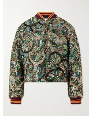 Dries Van Noten Embellished Satin Bomber Jacket - Green