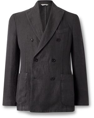 Boglioli Double-breasted Herringbone Linen Suit Jacket - Black