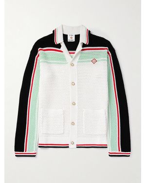CASABLANCA Camp-collar Logo-appliquéd Striped Crocheted Cotton Cardigan - Black