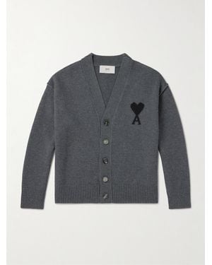 Ami Paris Cardigan aus Schurwolle mit Intarsienlogomotiv - Blau