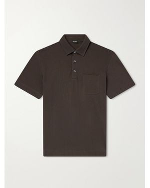 ZEGNA Leather-Trimmed Cotton-Piqué Polo Shirt - Black