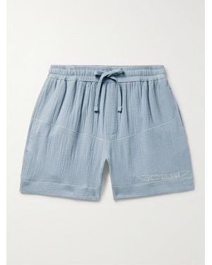 CHERRY LA Vacation Straight-Leg Logo-Embroidered Cotton-Gauze Drawstring Shorts - Blue