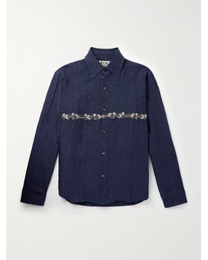 Kartik Research Layered Appliquéd Embellished Embroidered Pinstriped Linen Shirt - Blu