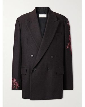 Dries Van Noten Double-Breasted Embroidered Wool-Flannel Blazer - Black