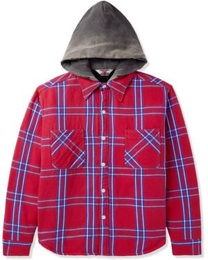 SAINT Mxxxxxx Jersey-Trimmed Padded Checked Cotton-Flannel Hooded Overshirt - Red