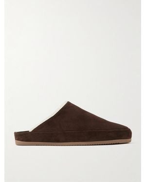 Mulo Shearling-Lined Suede Slippers - Marrone