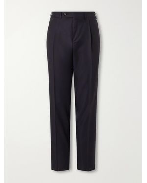Canali Tapered Pleated Wool-Twill Trousers - Blue