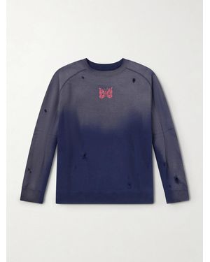 Needles Logo-Print Distressed Cotton-Jersey Sweatshirt - Blu