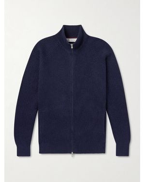 Brunello Cucinelli Ribbed Cotton Zip-Up Jumper - Blue