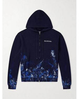 Balenciaga Logo-embroidered Paint-splattered Cotton-jersey Zip-up Hoodie - Blue