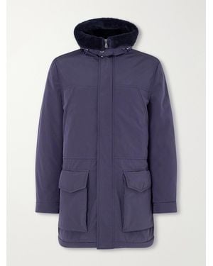 Brunello Cucinelli Hooded Padded Shearling-Trimmed Shell Coat - Blue