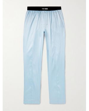 Tom Ford Velvet-trimmed Stretch-silk Satin Pyjama Trousers - Blue