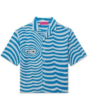 The Elder Statesman Camp-Collar Embroidered Striped Organic Cotton-Terry Shirt - Blue