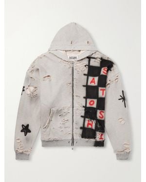 Satoshi Nakamoto Get What I Want Distressed Embellished Cotton-jersey Zip-up Hoodie - Natural