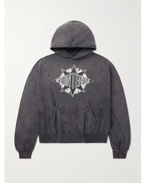 SAINT Mxxxxxx Denim Tears Logo-Print Distressed Cotton-Jersey Hoodie - Grey