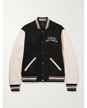 Amiri Hollywood Logo-Embroidered Leather And Wool-Blend Flannel Varsity Jacket - Black